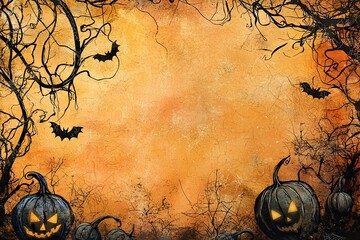 Halloween background with pumpkins, bats and tree silhouettes.