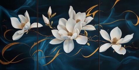 White flower with blue leaves and gold accents on dark background.