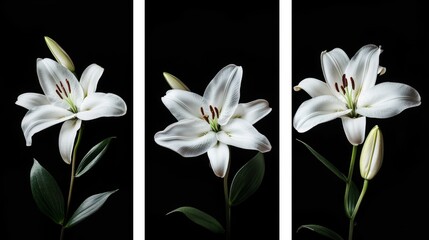 Fototapeta premium Three white flowers are displayed on a dark blue background in this art poster set
