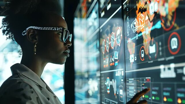 A black African American female cybersecurity specialist in side profile, reviewing AI threat intelligence on augmented reality displays