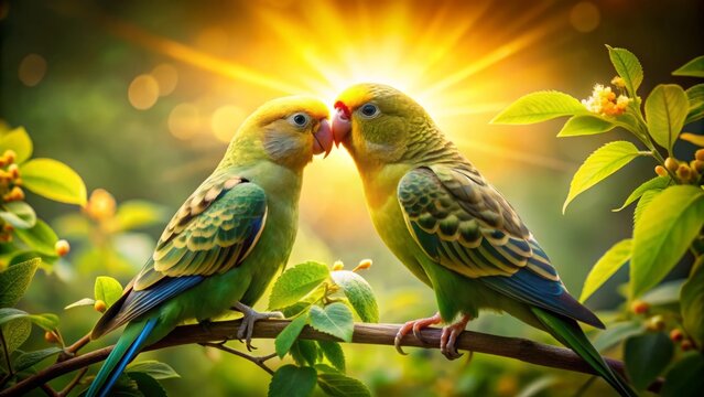romantic golden hour portrait of a kiss between two lovebird parakeets amidst lush greenery