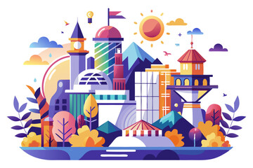 Obraz premium Colorful Cityscape with Buildings, Mountains, and Trees
