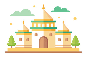Fototapeta premium Flat Illustration of a Mosque Building with Surrounding Trees and Clouds