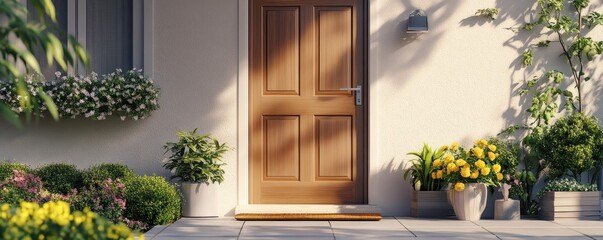 Welcoming front door with potted plants, sunlight casting shadows. Cozy porch entrance, inviting ambiance for home exterior design.