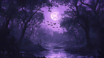 Fototapeta premium Eerie moonlit woods with bats, rendered in shades of dark and light purple, creating a haunting nightscape