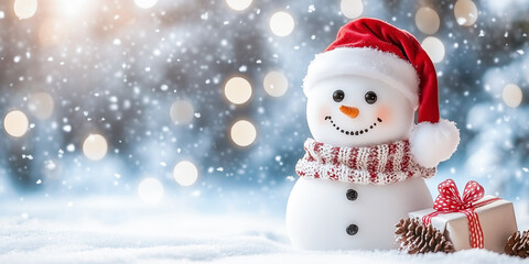Christmas winter background with snowman against snow landscape and blurred bokeh light.  Merry Christmas holiday background with copy space.