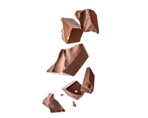 Chocolate pieces scattered in mid-air, showcasing texture and shape.