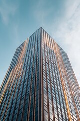 Obraz premium The intricate architecture of a distant skyscraper, standing out sharply against a soft blue sky