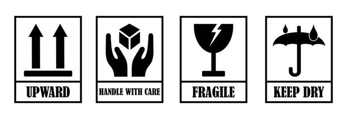 Fragile package labels icons set, handle with care logistics, keep dry, upward, and delivery shipping marks. Fragile box, cargo warning vector signs. Vector illustrations  