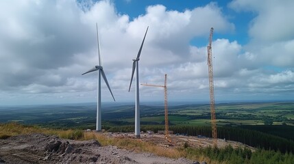 Wind Turbine Construction in a Green Landscape
