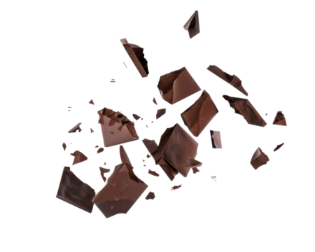 A scattering of broken chocolate pieces, showcasing texture and color.