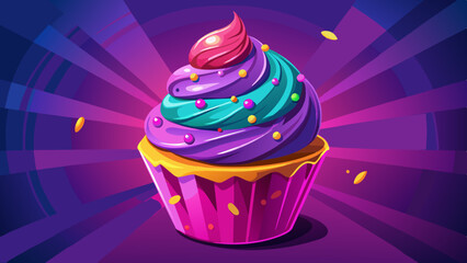 Vibrant cupcake with whipped cream topping on a minimalistic background purple pink background