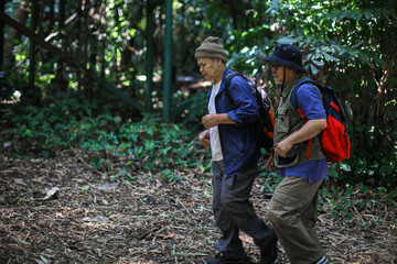 Portrait Of Two Seniors Man Walking Together Trekking And Hiking In Nature