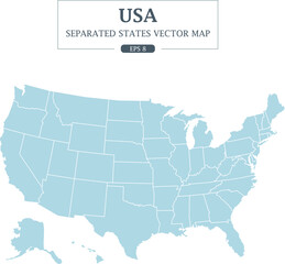 Obraz premium us map with state names , This is a map of the United States with each state outlined in light blue.