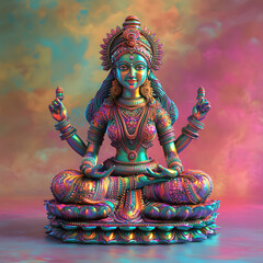 Obraz premium Vibrant Modern Interpretation of Indian Goddess Statue with Traditional Attire and Spiritual Symbolism in Futuristic Context