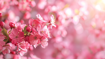 Obraz premium cluster of soft pink cherry blossoms bathed in warm sunlight. The gentle petals and bokeh background