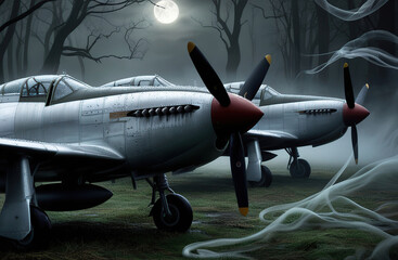 Fototapeta premium Detailed and realistic military-themed 4K wallpaper featuring fighter planes against a backdrop of smoky forest fog for an eerie nighttime atmosphere