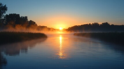 Sunrise Over a Misty River