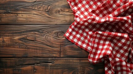 Rustic Picnic Setup: An inviting scene featuring a weathered wooden table partially draped with a classic red checkered cloth, setting the stage for a delightful outdoor gathering.