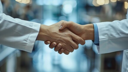 Two scientists shaking hands in a well-equipped laboratory. This image represents collaboration, partnership, and achievement in the field of science.