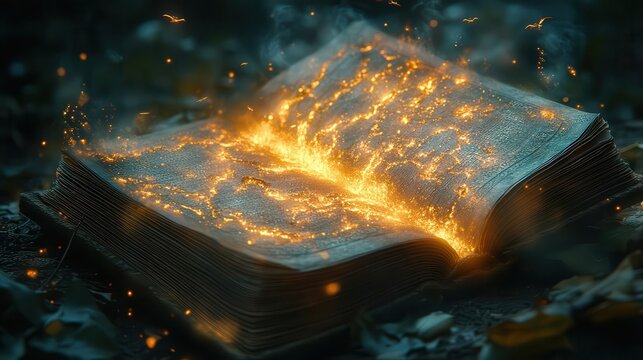 ancient tome sprouting fantastical popup world glowing runes miniature flying dragons swirling magical mist