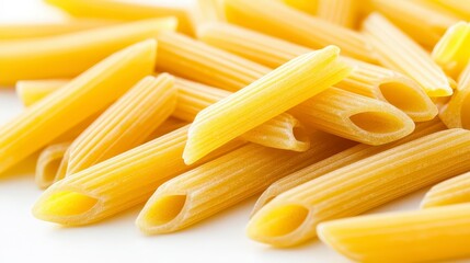 Close-up of uncooked penne pasta on a white background.