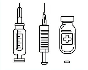 Modern, editable illustration of a vaccine and injection syringe. Continuous line drawing of medical instruments.