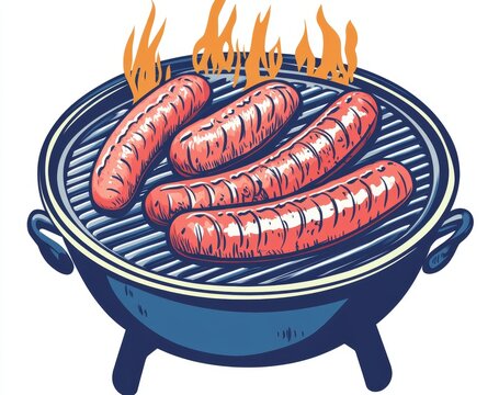recommend clip art: Featuring a continuous line drawing of a barbecue grill, with an editable stroke, with a modern outline of sausages.
