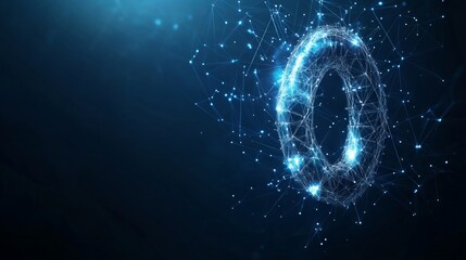 Abstract image of magnet. With dark blue background. Low poly wireframe with lines, dots and glowing particles