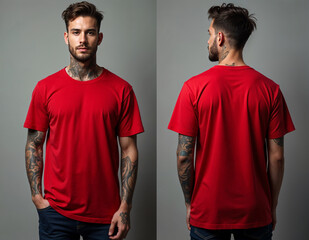 Front and back view male young man red plain t-shirt mockup model with tattooed arms, studio photography