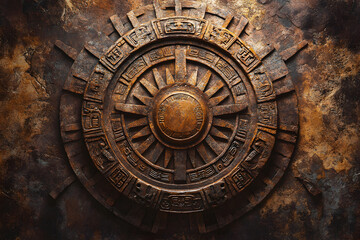 Obraz premium Ancient Aztec Mayan Calendar Stone Carving, Cultural Symbolism and Spiritual Heritage, Traditional Icon in Rustic Antique Style