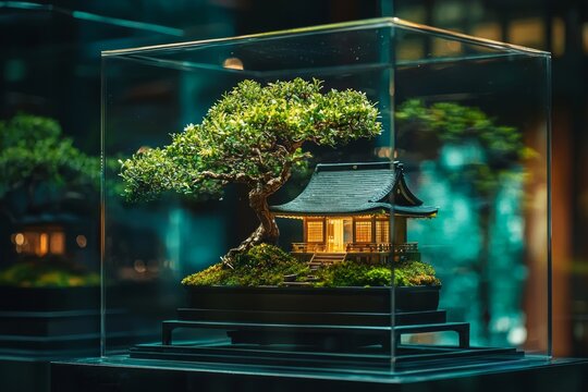 An isolated glass case contain a bonzai tree with green moss and a tiny wooden japanese house. On a table. Soft lighting with dark background. 