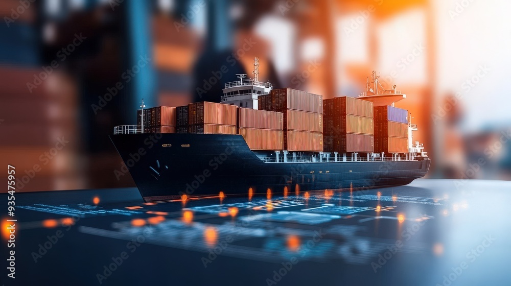 Wall mural a detailed model of a cargo ship loaded with containers, set against a blurred shipping yard backgro