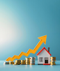 Real estate growth concept with a house model, coins, and an upward arrow on a blue background