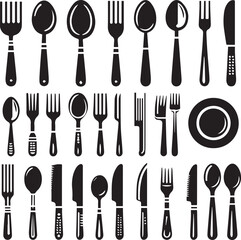 Spoon Knife And Fork black vector, set of Cutlery Icon Silhouette,