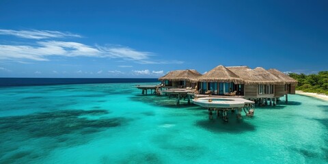 Water bungalows on stilts in turquoise water.