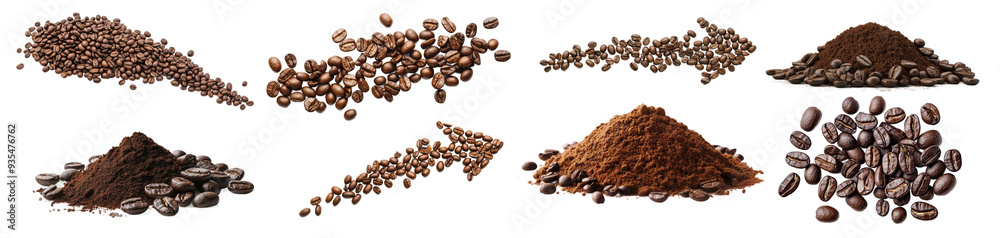 Poster a collection of coffee beans and ground coffee arranged in different patterns on a white background.