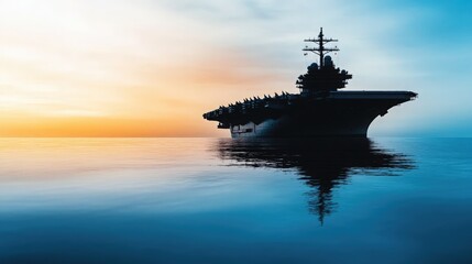 A majestic aircraft carrier silhouetted against a stunning sunset, reflecting on calm waters, symbolizing power and tranquility.