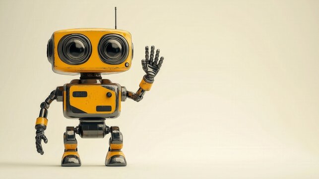 A friendly yellow robot with black accents and large eyes waves hello against a white background.