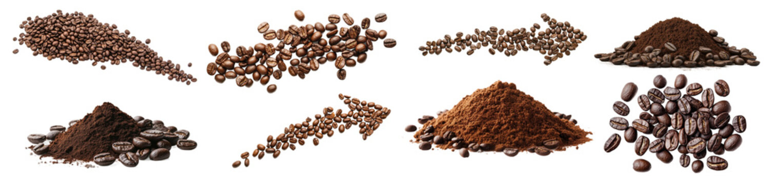 A collection of coffee beans and ground coffee arranged in different patterns on a white background. Features roasted coffee beans in piles, scattered formations, and mounds of ground coffee.