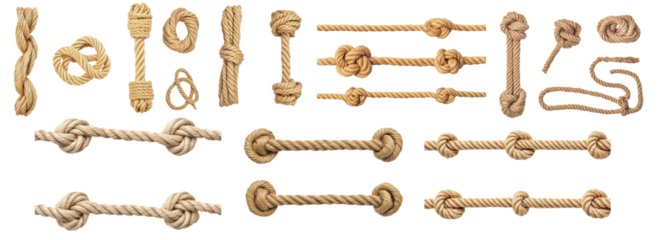 Ropes with different knots isolated on white. A detailed collection showcasing different types of rope knots, each meticulously tied and arranged.