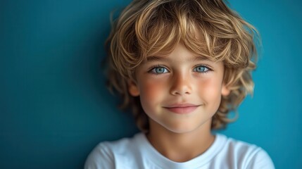 Naklejka premium cheerful boy in white tshirt candid smile vibrant blue studio background clean minimalist mockup design youthful energy and innocence captured