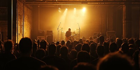 Silhouetted concert audience watching a guitarist.