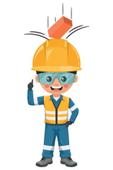 Importance of the safety helmet as a measure of protection of the head against the fall of an object. Engineer hit in the head with a brick. Industrial safety and occupational health at work