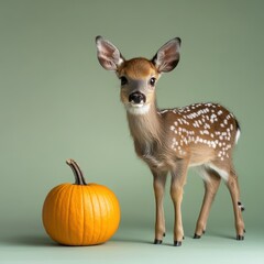 Fototapeta premium Young deer standing next to a pumpkin on a green background