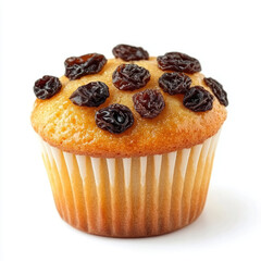 Cupcake with raisins close-up, isolated, on a white background. Illustration for advertising sweet pastries, confectionery, printing in the menu of catering establishments.