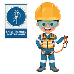 Industrial Safety Engineer with safety harness mandatory use warning sign. Safety harness must be worn. Safety first. Working at height and fall protection. Industrial safety and occupational health
