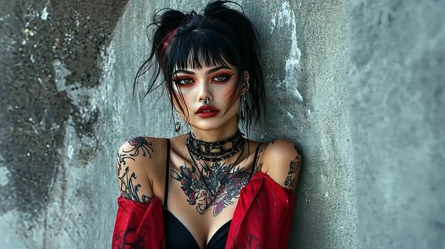 Unconventional beauty model with tattoos and piercings, showcasing their unique style and expression against an urban
