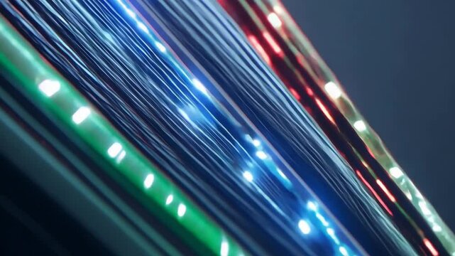 Close-Up of Fiber Optic Wires with Bright Light Patterns and Signal Transmission