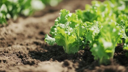 Close up of, lettuce and gardening plants for farming, agriculture and growth in nature, sand and sustainable field. Background, soil, sustainability, leaf vegetables, and greenhouse ecology